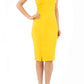 model is wearing diva catwalk octavia sleeveless pencil dress in saffron yellow front 