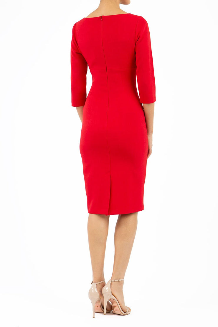 model is wearing diva catwalk quatro sleeved pencil dress with asymmetric wide cut our neckline in red back