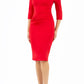 model is wearing diva catwalk quatro sleeved pencil dress with asymmetric wide cut our neckline in red  front