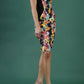 model wearing Diva catwalk Rita pencil sleeveless dress with rounded neckline in floral print and black front