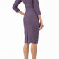 Model wearing the Diva Chelsea Pencil dress with V neckline and three-quarter sleeves in dark mauve back image