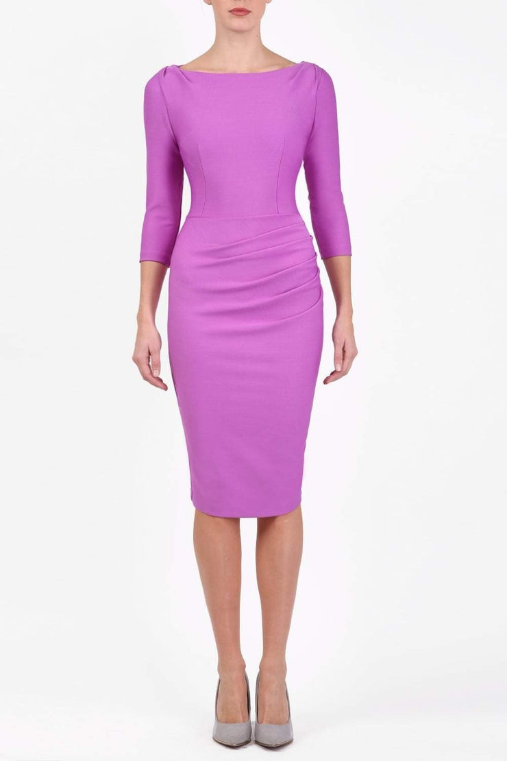 Model wearing the Seed Agatha in pencil dress design in magenta mist front image