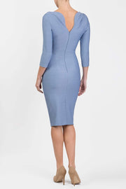 Model wearing the Seed Agatha in pencil dress design in steel blue back image