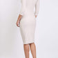 Model wearing the Seed Agatha in pencil dress design in sandy cream back image