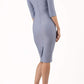 model is wearing diva catwalk seed amalfi plain pencil dress with high v-neck and sleeves in steel blue back