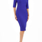 model is wearing diva catwalk seed amalfi plain pencil dress with high v-neck and sleeves in palace blue front