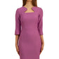 Brunette model is wearing couture stretch seed pencil bell 3/4 sleeve pencil dress by diva catwalk in Magenta Mist front image