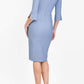 Brunette model is wearing couture stretch seed pencil bell 3/4 sleeve pencil dress by diva catwalk in Steel Blue back image