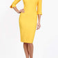 Brunette model is wearing couture stretch seed pencil bell 3/4 sleeve pencil dress by diva catwalk in Daffodil Yellow front image