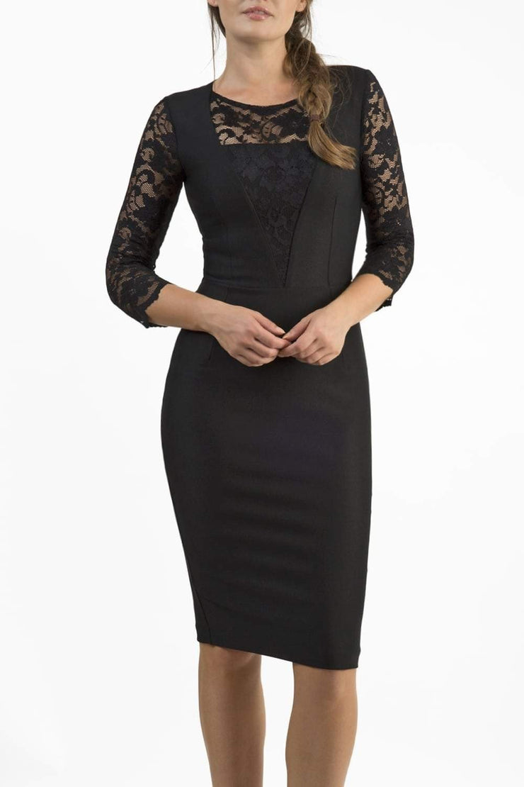 Brunetter Model is wearing seed couture lace pencil dress by diva catwalk in black front