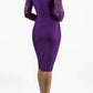 Brunetter Model is wearing seed couture lace pencil dress by diva catwalk in purple back