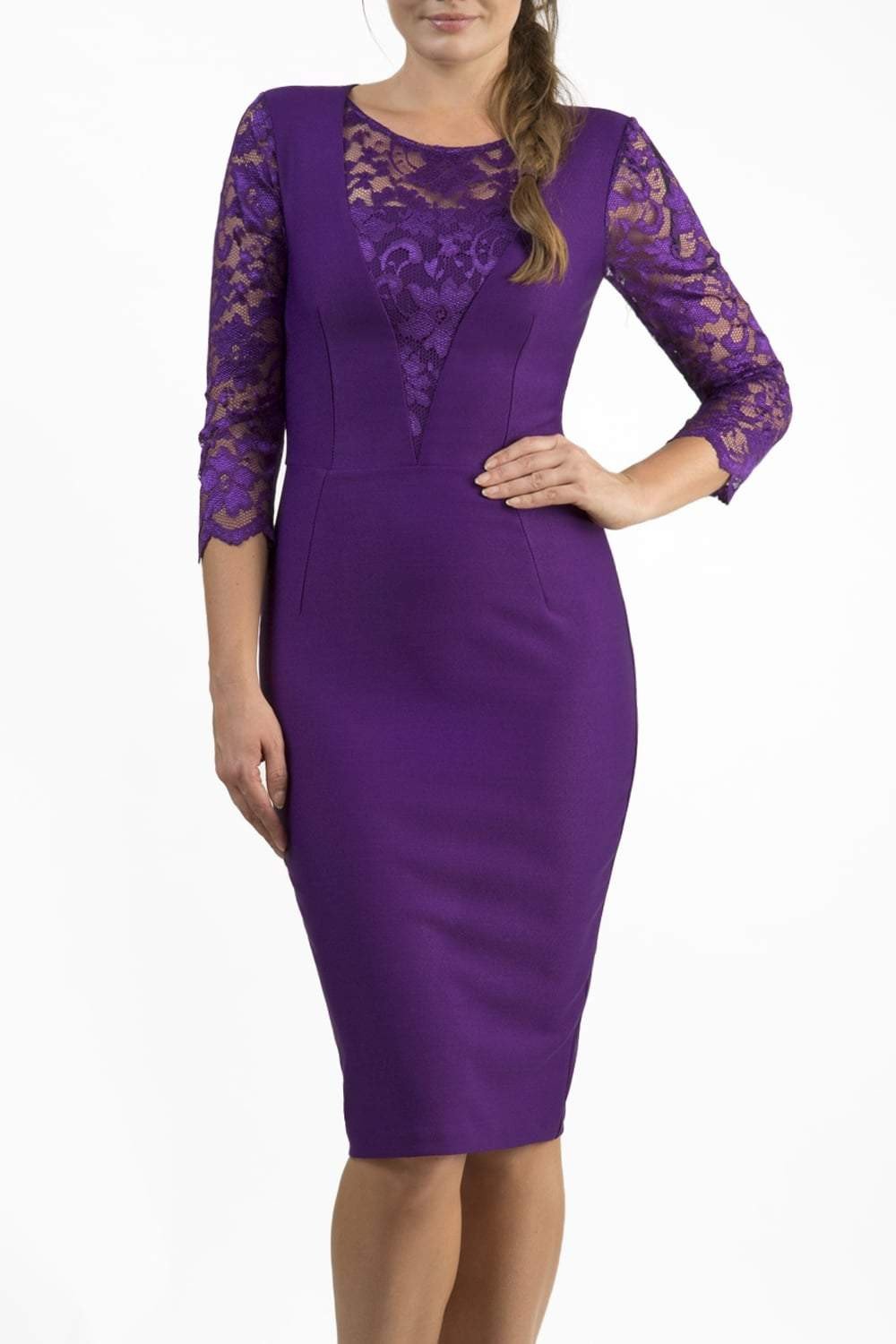 Brunetter Model is wearing seed couture lace pencil dress by diva catwalk in purple front