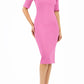 model is wearing diva catwalk solway pencil dress cold shoulder detail and rounded neckline in begonia pink front