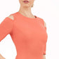 model is wearing diva catwalk solway pencil dress cold shoulder detail and rounded neckline in sea coral close up front
