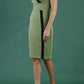 brunette model wearing Diva catwalk Suzy pencil sleeveless dress with v-neckline and wide wasteland in dill green front