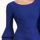 blonde model wearing diva catwalk tina pencil skirt dress with rounded neckline and flute sleeve in cobalt blue front