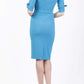 brunette model wearing diva catwalk tryst pencil blue dress with sleeves and belt detail at the front with rounded neckline back
